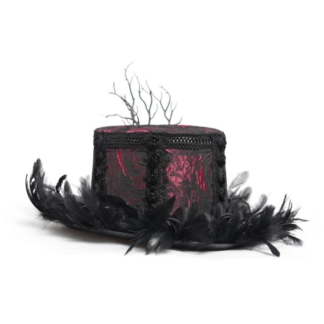 Rot-schwarzer Gothic-Zylinder Cabaret Queen mit Federn XS-M