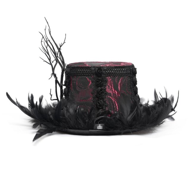 Rot-schwarzer Gothic-Zylinder Cabaret Queen mit Federn XS-M