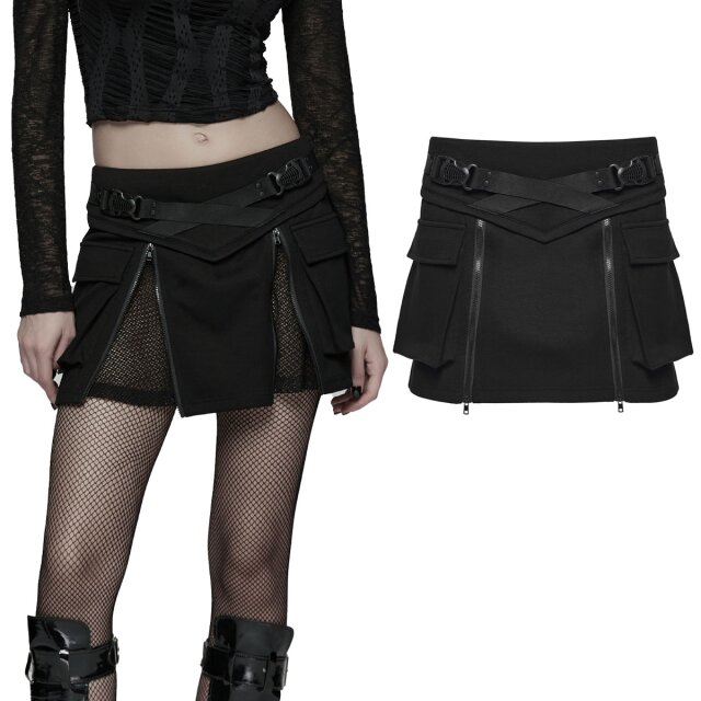 PUNK RAVE mini skirt (WQ-918BK) in soft sweatshirt fabric, ultra-short with zips, mesh inserts, nylon straps and cargo pockets in a dark tech-wear style.