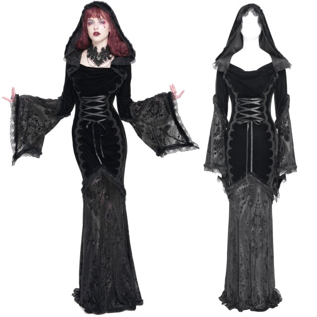 Langes Gothic-Meerjngfrauen-Kleid (SKT24001) aus Samt und Burn-Out-Samt, Trompetenärmeln, Wasserfall-Ausschnitt und XXL-Kapuze. Mystisch-dramatischer Look für finstere Auftritte.