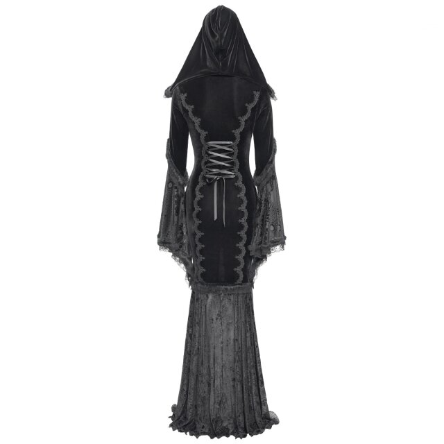 Langes Gothic-Kleid Mystic Abyss mit Kapuze S