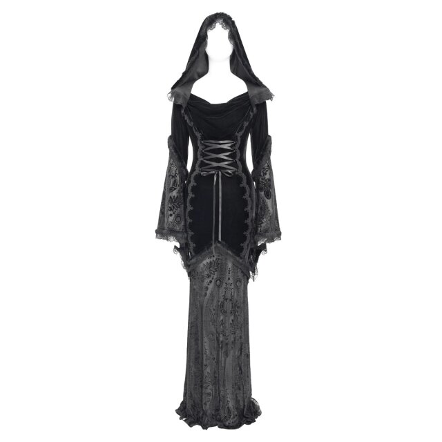 Langes Gothic-Kleid Mystic Abyss mit Kapuze S
