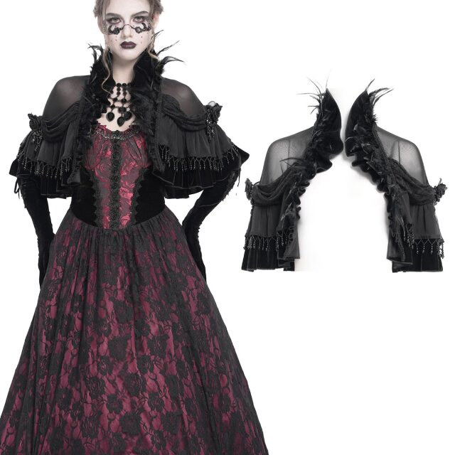 Edles Gothic-Cape mit Federn, Spitze & Perlen bei...