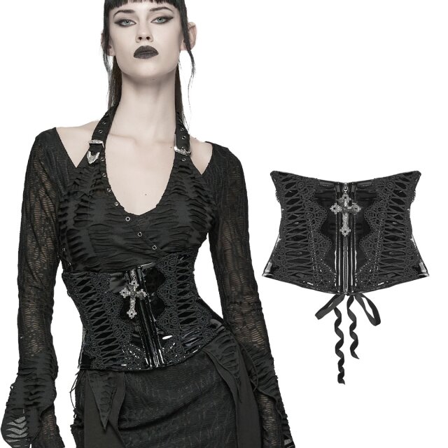 Glänzender Lack-Korsagengürtel (WS-815BK) mit romantischer Spitze, verziertem Kreuzanhänger samt Fledermaus, klassischer Rückschnürung und flexiblem Sitz – perfekt für düstere Looks.