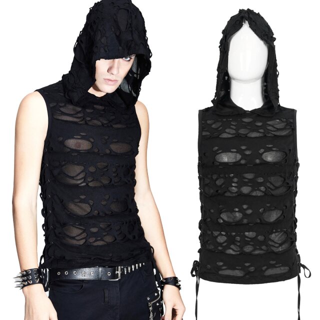 Dark Gothic hooded tank top with shredded effect and...