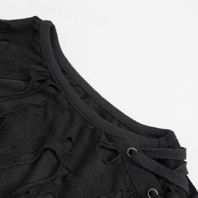 Devil Fashion Distressed Tank Top In Tattered Silence with Hood