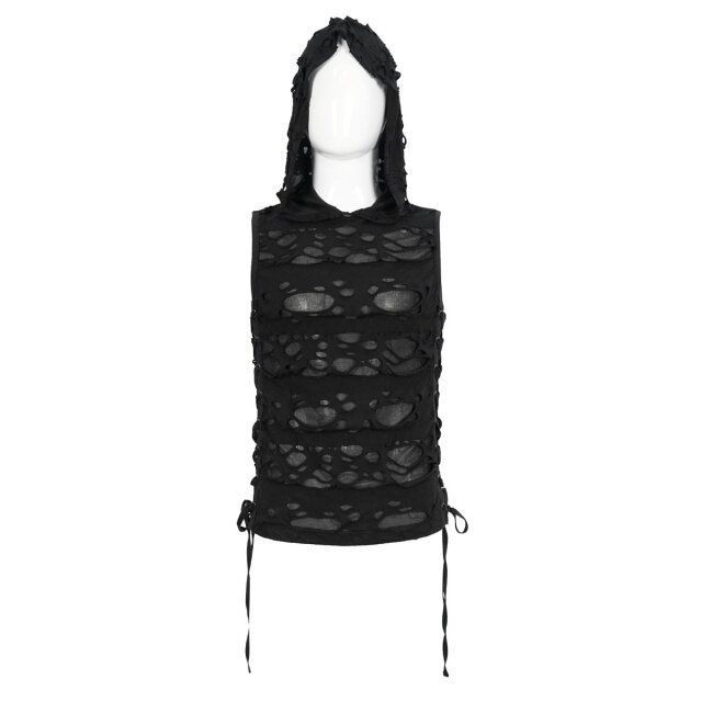 Devil Fashion Distressed Tank Top In Tattered Silence with Hood