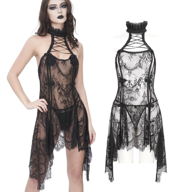Transparentes Gothic-Negligee (SX028) aus schwarzer Spitze mit Choker-Neckholder, Zierschnürung, tiefem Rückenausschnitt, seitlichen Zipfeln und Spitzen-String.