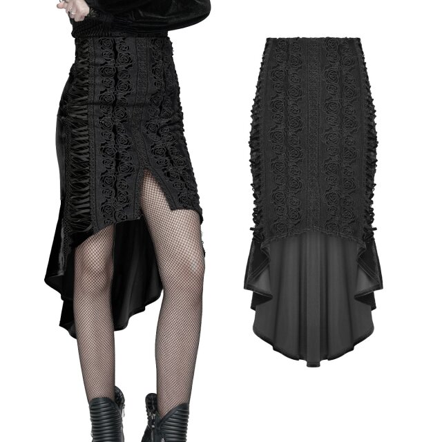 Schwarzer Vokuhila Gothic-Rock aus Samt (WQ-876BK) mit Rosenborten, Spitzen-Schnürungen und Schwalbenschwanz-Detail – elegantes Gothic-Piece mit romantisch-düsterem Twist.