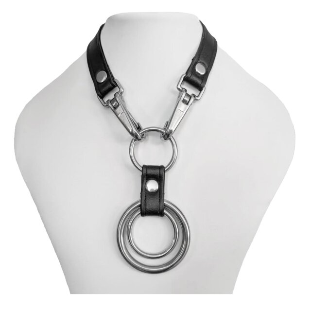 Schwarzes Kunstlederhalsband mit drei O-Ringen und...