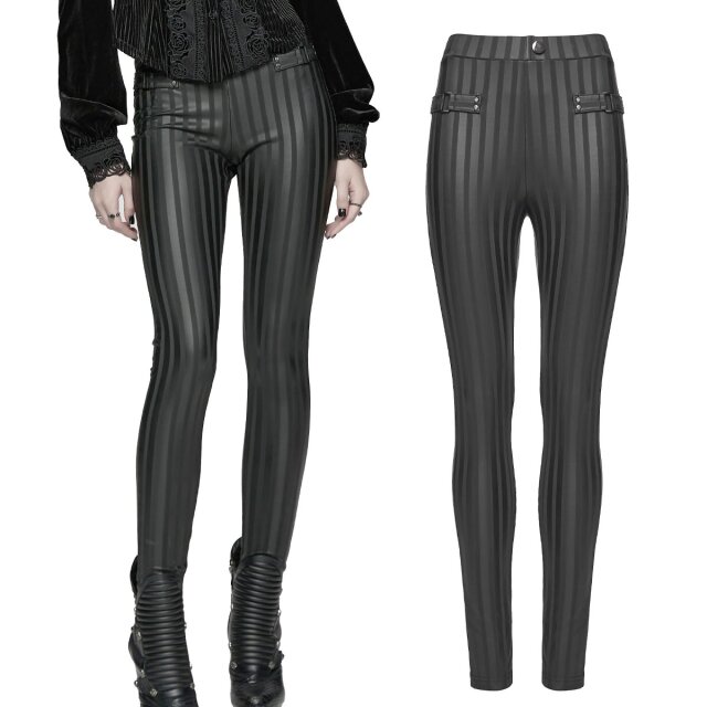 Elastische Gothic Wetlook-Hose (WK-737BK) mit breiten Streifen in Schwarz und Anthrazit, Zierschnallen und figurbetontem Schnitt – Retro-Punk trifft modernen Gothic-Glam.
