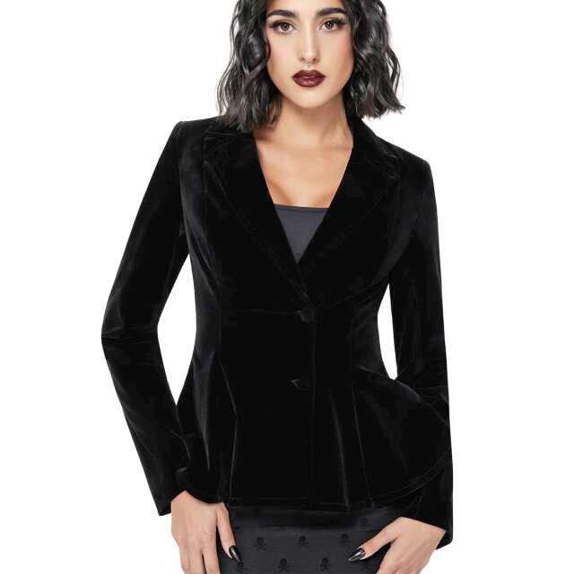 Tiefschwarze Samtjacke mit Schößchen und tailliertem Schnitt – edel, düster und perfekt für Auftritte mit verführerisch-dunkler Eleganz.