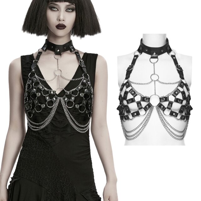 Schwarzes Punk Rave Kunstleder-Harness (WS-849BK) mit O-Ringen und Kettendetails in BH-Form – Freya’s Armor: verführerischer Wasteland-Look mit Endzeit-Glamour.