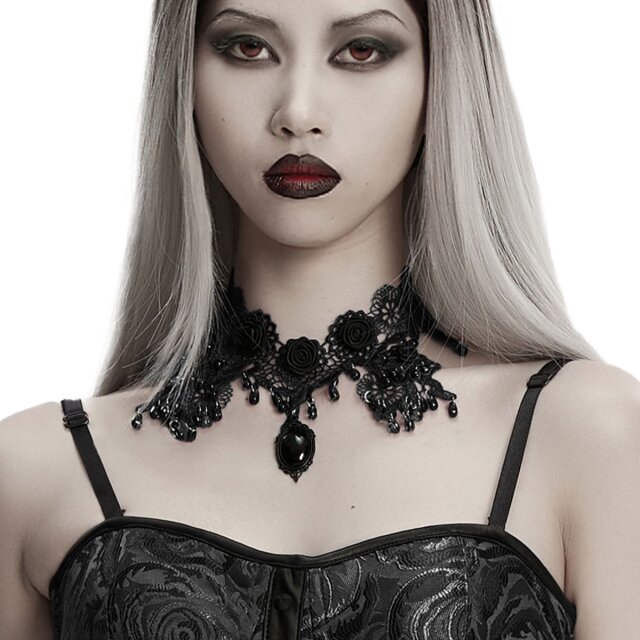 Schwarzer Spitzenchoker (WS-832BK) mit Satinblüten,...