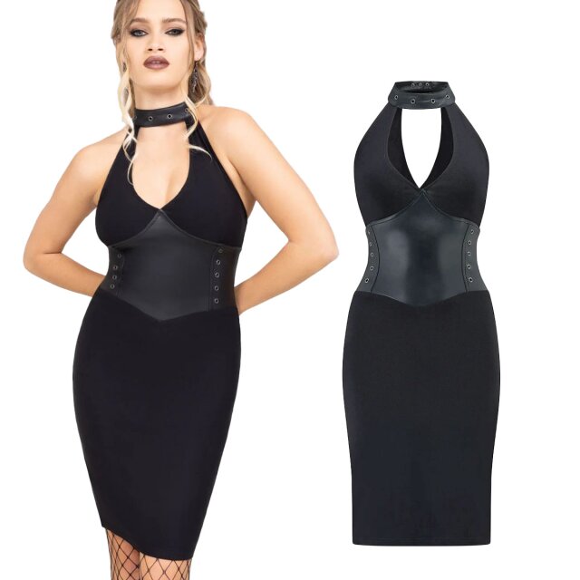 Figure-hugging Gothic halterneck midi dress with elastic fabric, faux leather waist panel and studs. Dark, body-conscious and confidently styled.