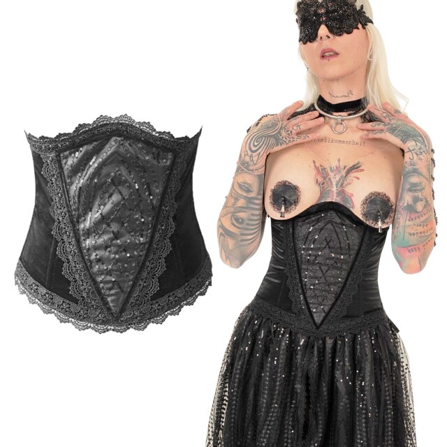 Samt-Unterbrustkorsage mit paillettenbesetzten Satineinsätzen, Satin-Schnürung und flexiblen Stäbchen. Zum O-Rock Tears of O oder elegant über Kleid/Bluse tragbar.