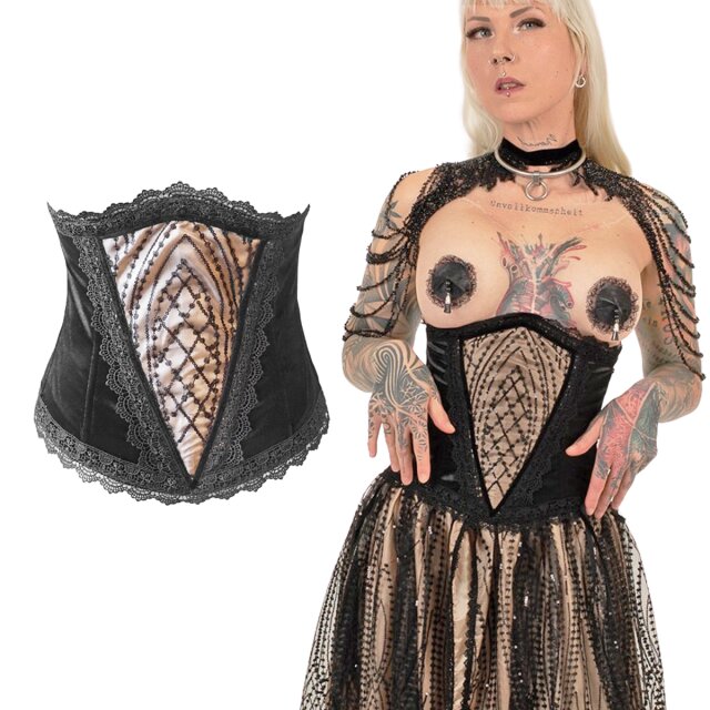 Samt-Unterbrustkorsage mit paillettenbesetzten Satineinsätzen, Satin-Schnürung und flexiblen Stäbchen. Zum O-Rock Tears of O oder elegant über Kleid/Bluse tragbar.