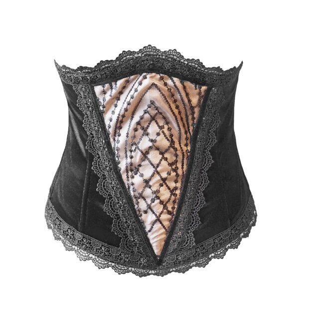 Korsage "Tears of O" mit Samt und Pailletten beige-schwarz 3XL