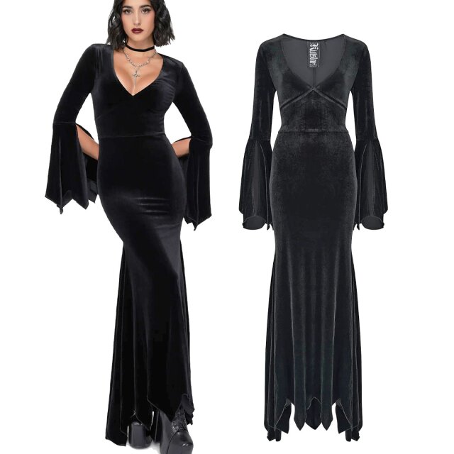 Long black velvet dress with a deep V-neckline, slit...