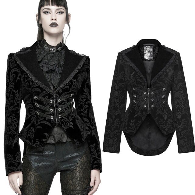 Feminine Gothic jacket (WY-1833BK) made from black velvet with swallowtail hem, lace-trimmed lapels and decorative buttons in equestrian style – elegant, dark and perfectly tailored.