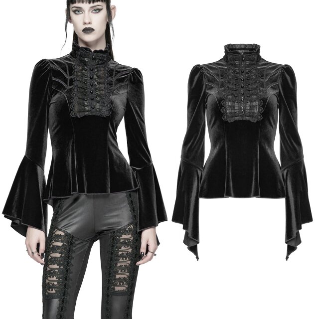Weiches Samtshirt (WT-1021BK) mit Stehkragen, Spitzen- und Tülleinsatz am Dekolleté, ausgestellten Ärmeln und rückseitiger Schnürung – eleganter Gothic-Chic in Perfektion.
