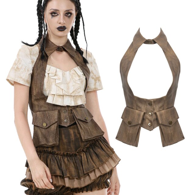 Dark In Love Steampunk-Weste (VW023) aus braunem, verwaschenem Kunstleder mit großem Cut-out, Hemdkragen und Pattentaschen. Femininer Neckholder-Look – perfekt zu Rüschenblusen & Retro-Outfits.