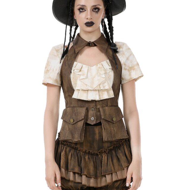 Braune Steampunk Weste Iron & Amber aus Kunstleder
