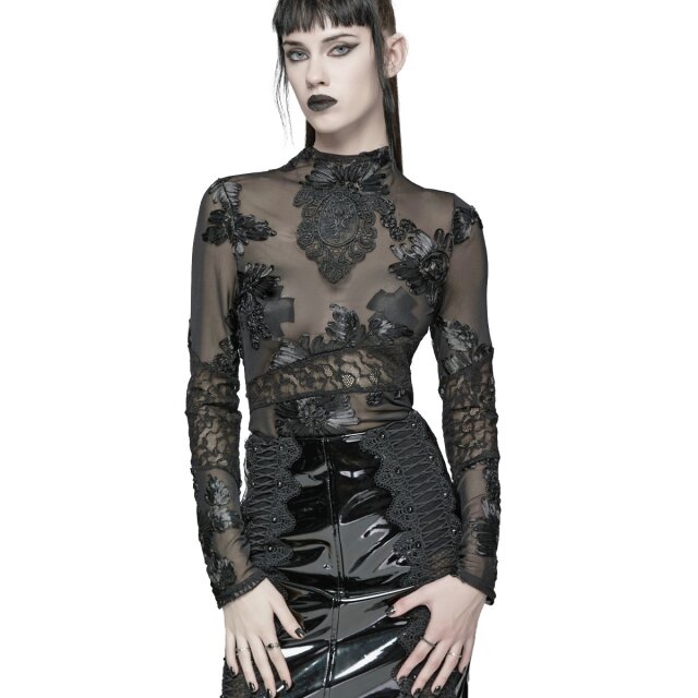 Punk Rave Langarm Mesh Shirt Broken Bloom mit Spitze