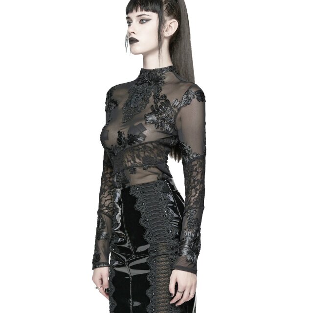 Punk Rave Langarm Mesh Shirt Broken Bloom mit Spitze XS-S