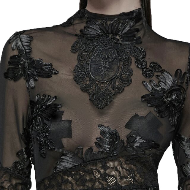 Punk Rave Langarm Mesh Shirt Broken Bloom mit Spitze XS-S