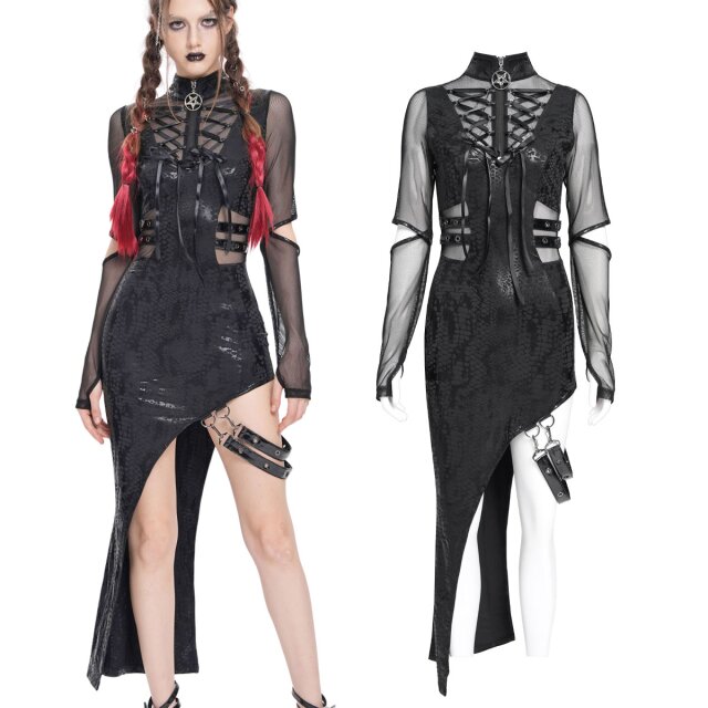 Asymmetrisches schwarzes Wetlook-Kleid (SKT237) mit...