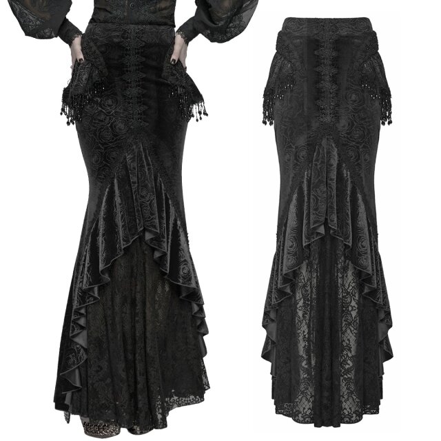 Long mermaid skirt (WQ-897BK) in black rose-patterned...