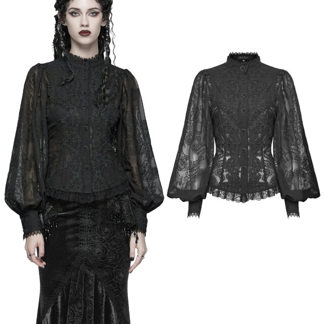 Semi-transparente Gothic-Bluse aus besticktem Chiffon mit...
