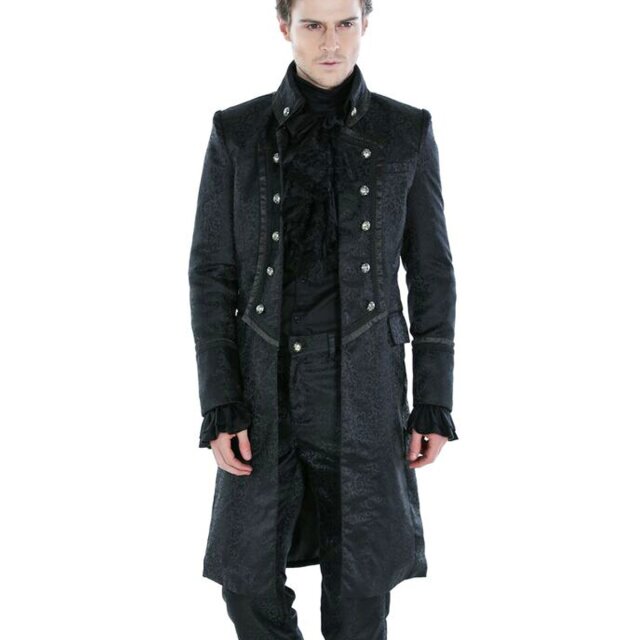 Eleganter Victorian-Goth Gehrock aus seidenmatt rankengemustertem Material, mit geschwungenem Revers, Satinkante und Zierknöpfen. Tailliert, gefüttert, bis über die Oberschenkel reichend.