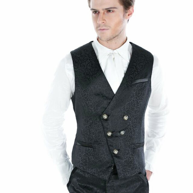 Elegante Gothic-Weste aus seidig glänzendem Rankenstoff mit V-Ausschnitt, überlappender Front und verstellbarem Rückenriegel. Schlichte, raffinierte Silhouette für düstere Herren.