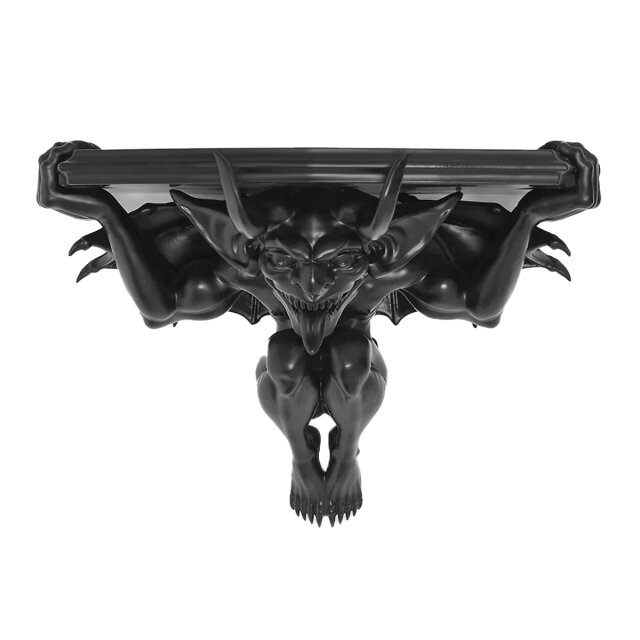 Black resin wall shelf with baroque detailing, carried by...