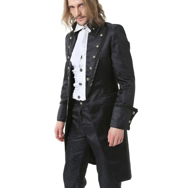 Eleganter Gothic-Cutaway mit Rankenmuster, Satin- und Bortenbesatz, Zierknöpfen, verdecktem Häkchenverschluss, Manschetten und Rückenschlitz – perfekt für festliche Auftritte.