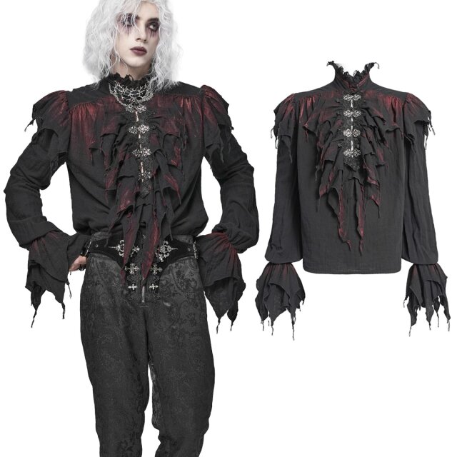 Schwarzes Gothic-Rüschenhemd (SHT148) mit rotbraunen Flecken, barocken Hakenverschlüssen und ausgefransten Details – für vampirisch-elegante, düster-aristokratische Outfits.