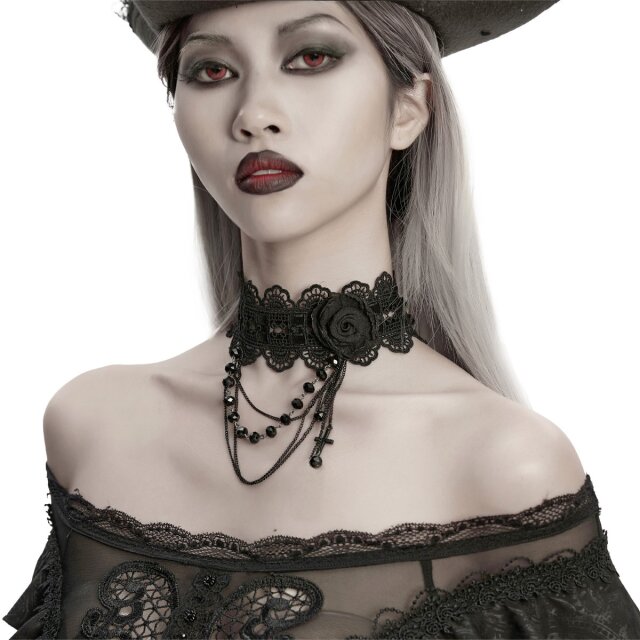 Black lace choker (WS-873LHF) with rose, layered chains,...
