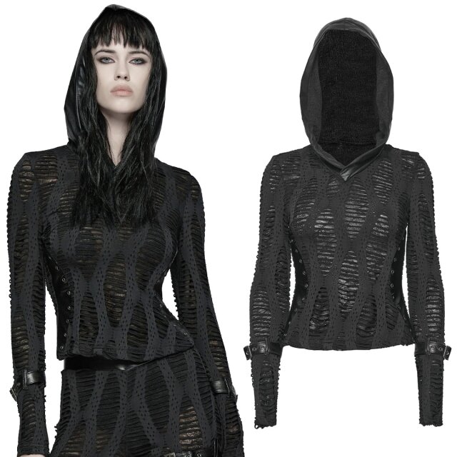 Fitted Gothic shred hoodie (WT-1033BK) with XXL hood, sheer knit, distressed jersey, wet-look details and contouring panels for dark post-apocalyptic styles.