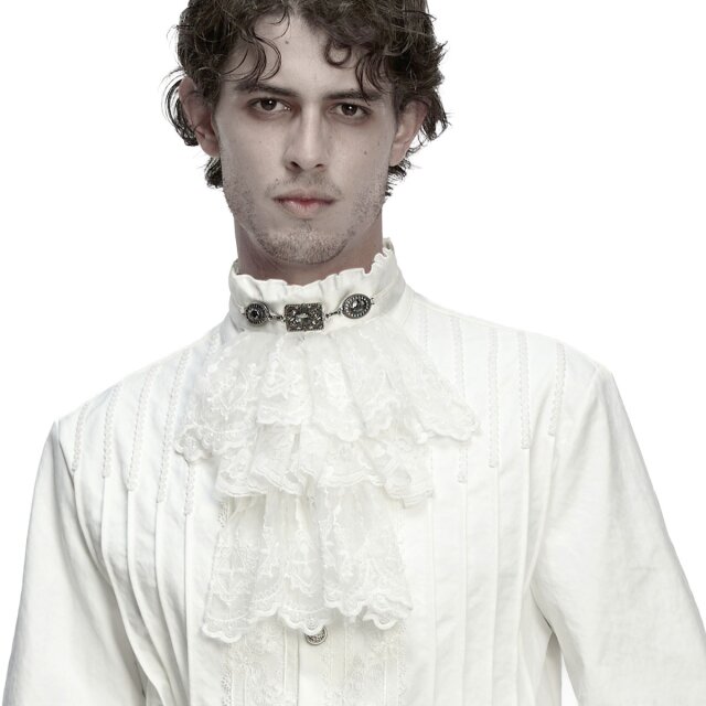 Weißes viktorianisches Gothic-Plastron (WS-745WH) mit mehrlagiger Spitze und farblosen Ziersteinen in antik-silberfarbenen Rahmen. Edles Jabot für kontrastreiche, aristokratische Looks.