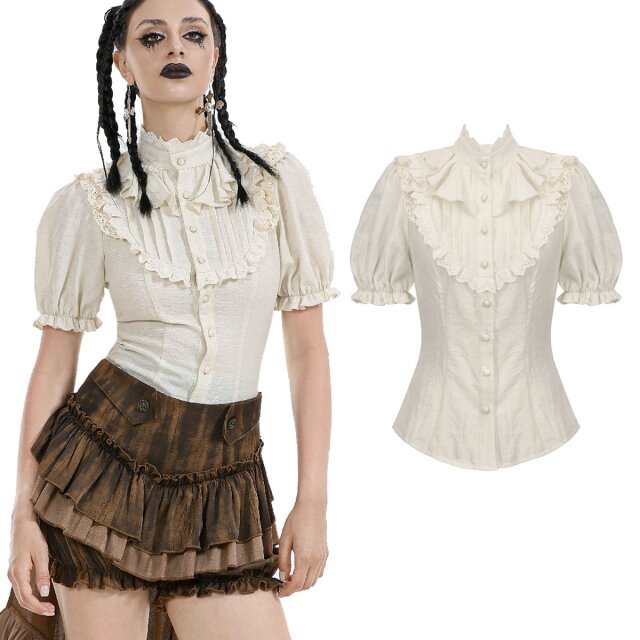 Cremeweiße Steampunk Kurzarm-Bluse (IW125) mit...