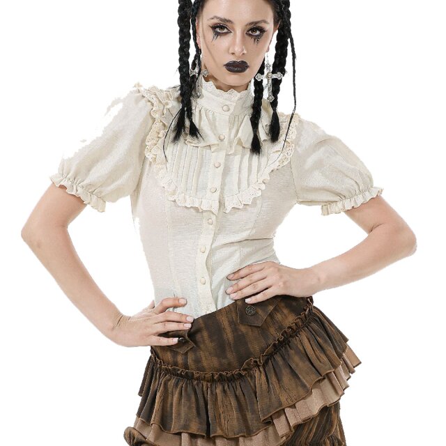 Cremeweiße Steampunk Kurzarm-Bluse Born To Explore M