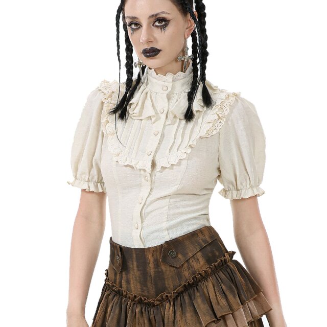 Cremeweiße Steampunk Kurzarm-Bluse Born To Explore M