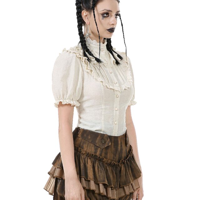 Cremeweiße Steampunk Kurzarm-Bluse Born To Explore M