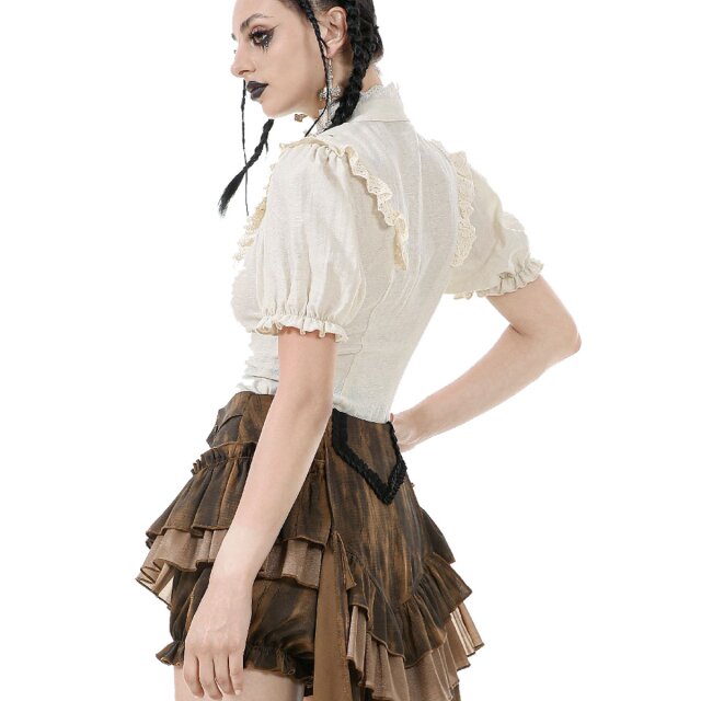 Cremeweiße Steampunk Kurzarm-Bluse Born To Explore M