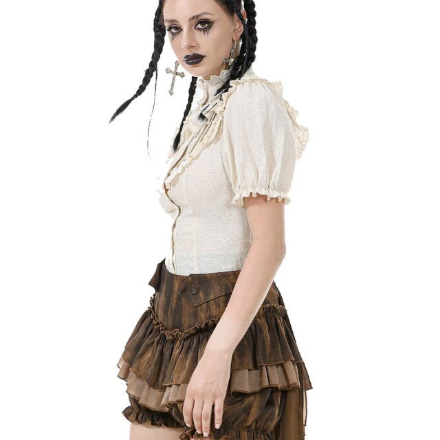 Cremeweiße Steampunk Kurzarm-Bluse Born To Explore M