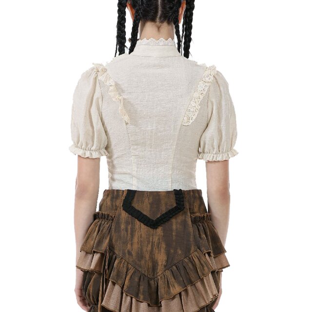 Cremeweiße Steampunk Kurzarm-Bluse Born To Explore M