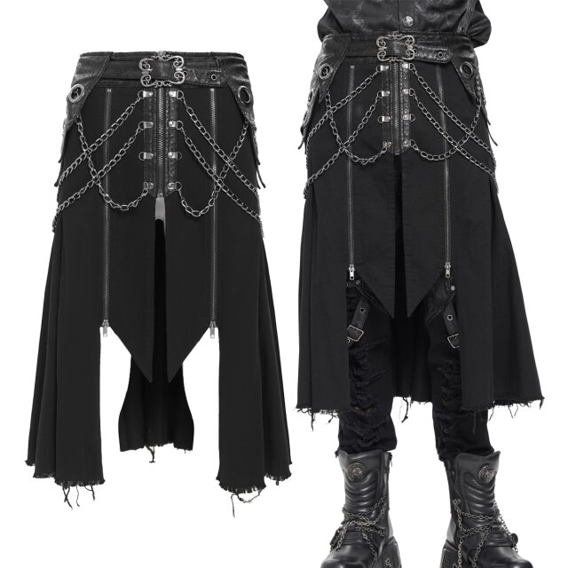 Gothic men’s skirt made from black twill and velour with a distressed nubuck look. With chains, straps, O-ring and a variable front for dark end-time looks.