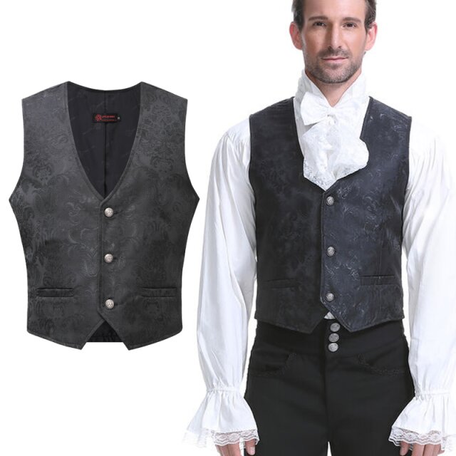 Black Victorian Goth waistcoat in brocade with...